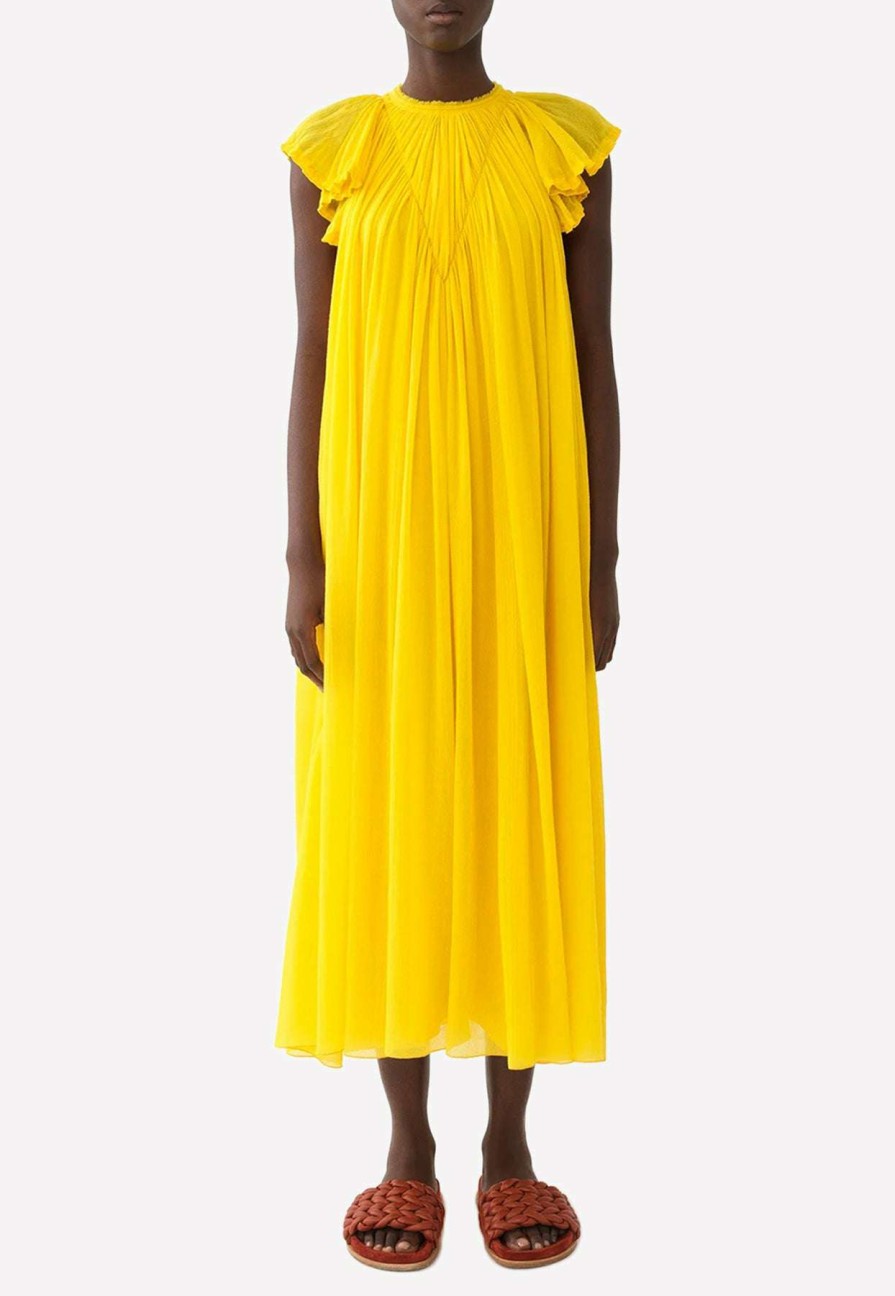 Dresses * | Chloe Gathered Cap-Sleeved Midi Dress Yellow