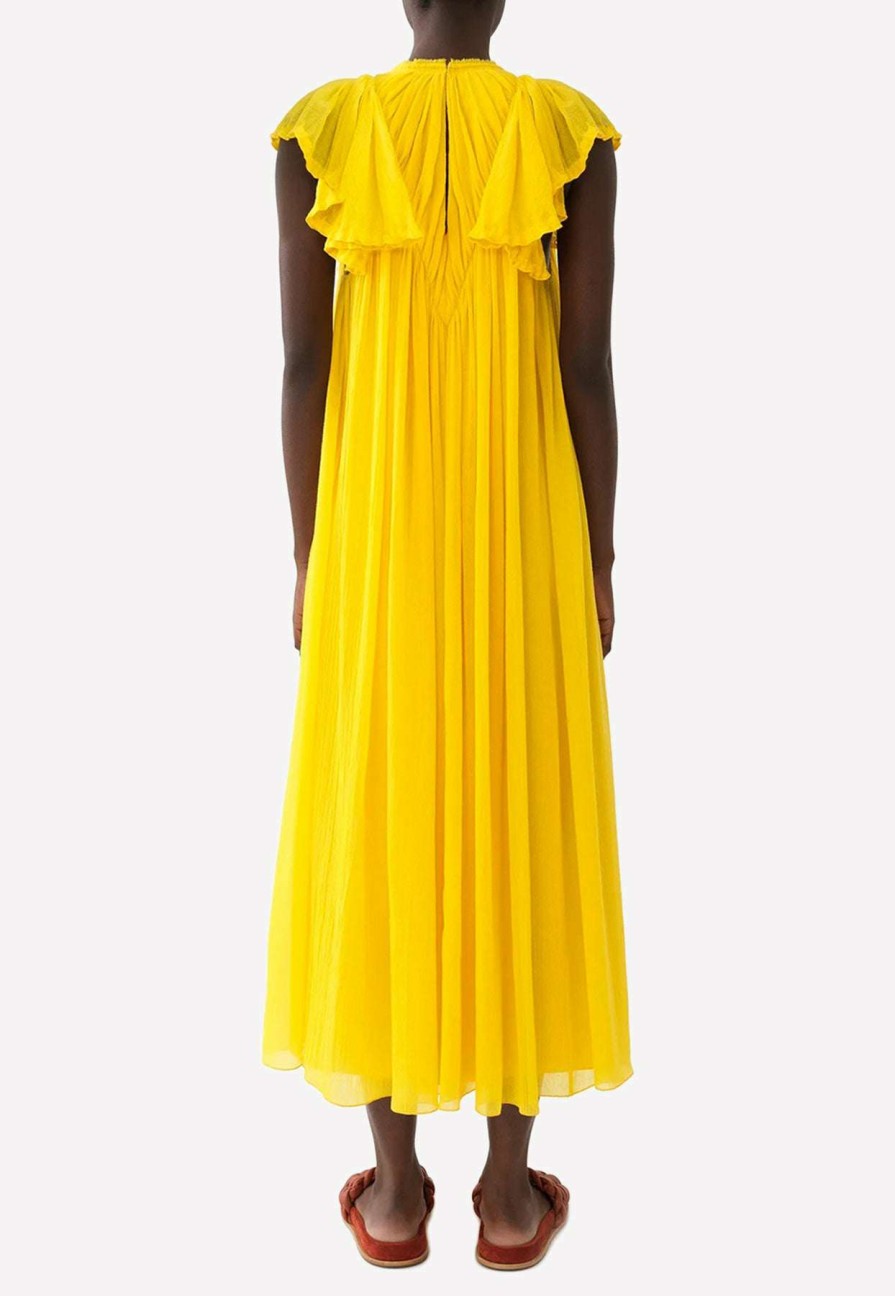 Dresses * | Chloe Gathered Cap-Sleeved Midi Dress Yellow