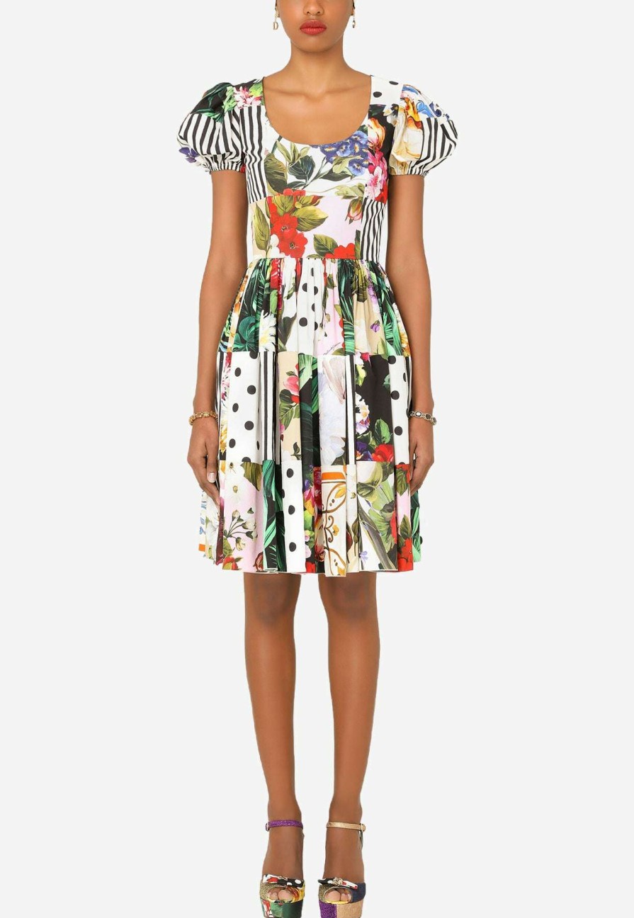 Dresses * | Dolce & Gabbana Patchwork Lantern-Sleeved Cotton Mini Skirt Multicolor