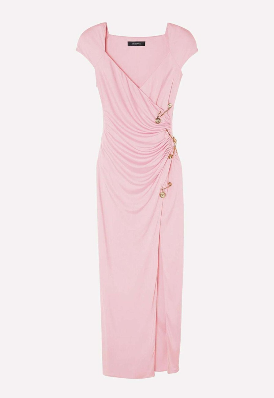 Evening * | Versace Safety Pin Draped Maxi Dress Pink