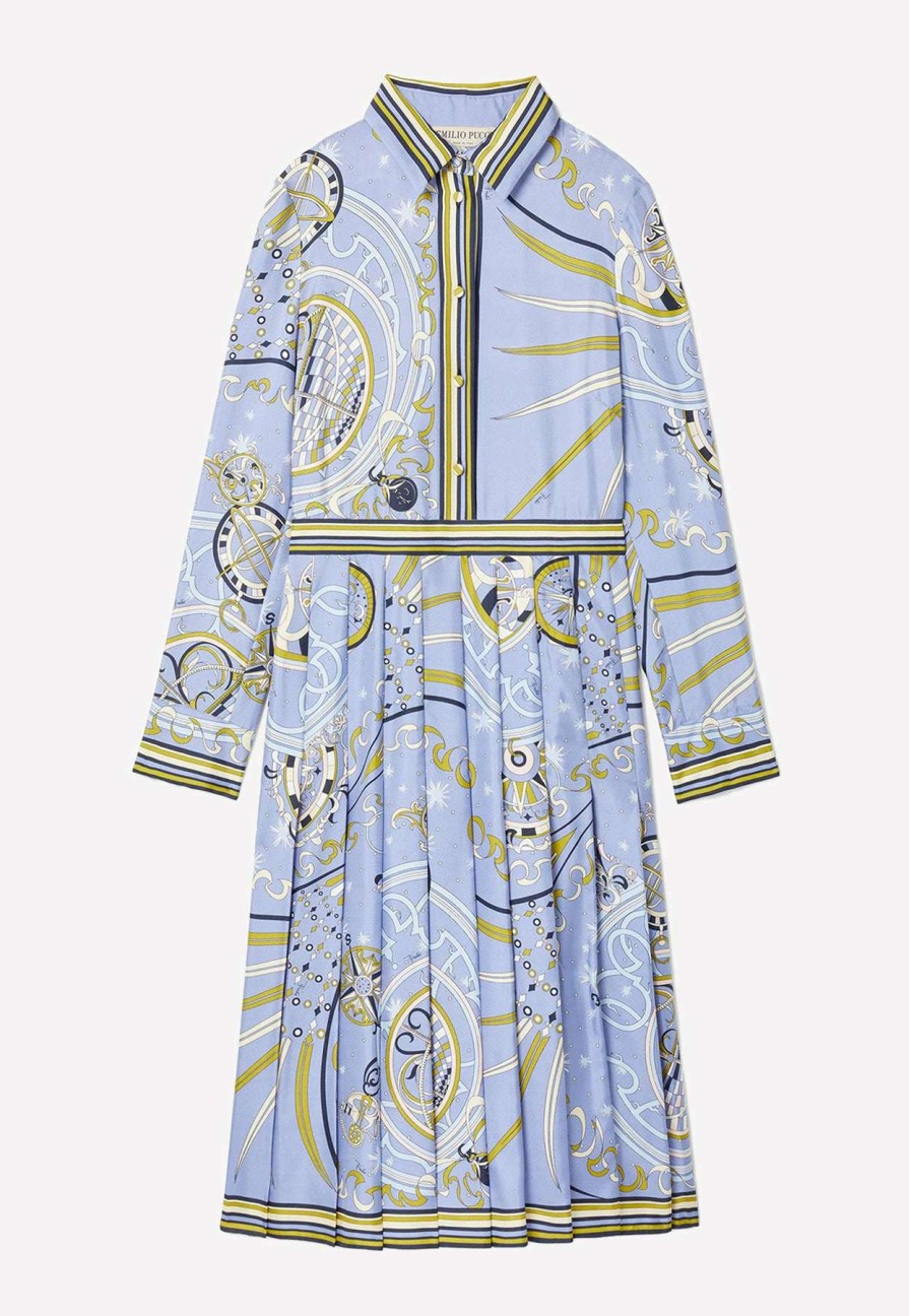 Dresses * | Emilio Pucci Esperidi Print Silk Twill Midi Dress Light Blue