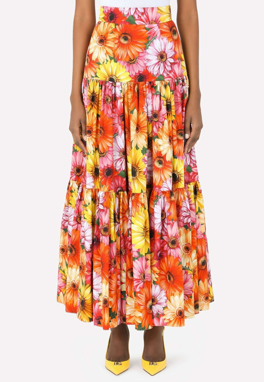 Skirts * | Dolce & Gabbana High-Waist Daisy Print Cotton Maxi Skirt Multicolor