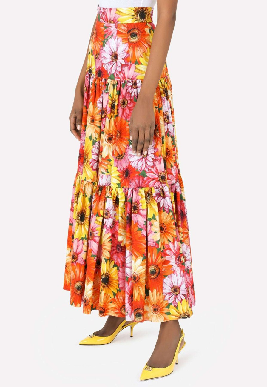 Skirts * | Dolce & Gabbana High-Waist Daisy Print Cotton Maxi Skirt Multicolor