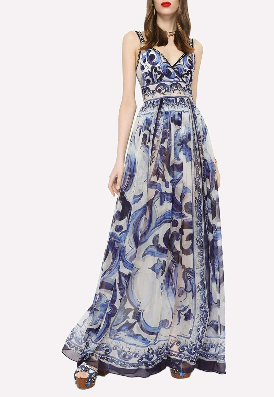 Evening * | Dolce & Gabbana Majolica Print Chiffon Maxi Dress Blue