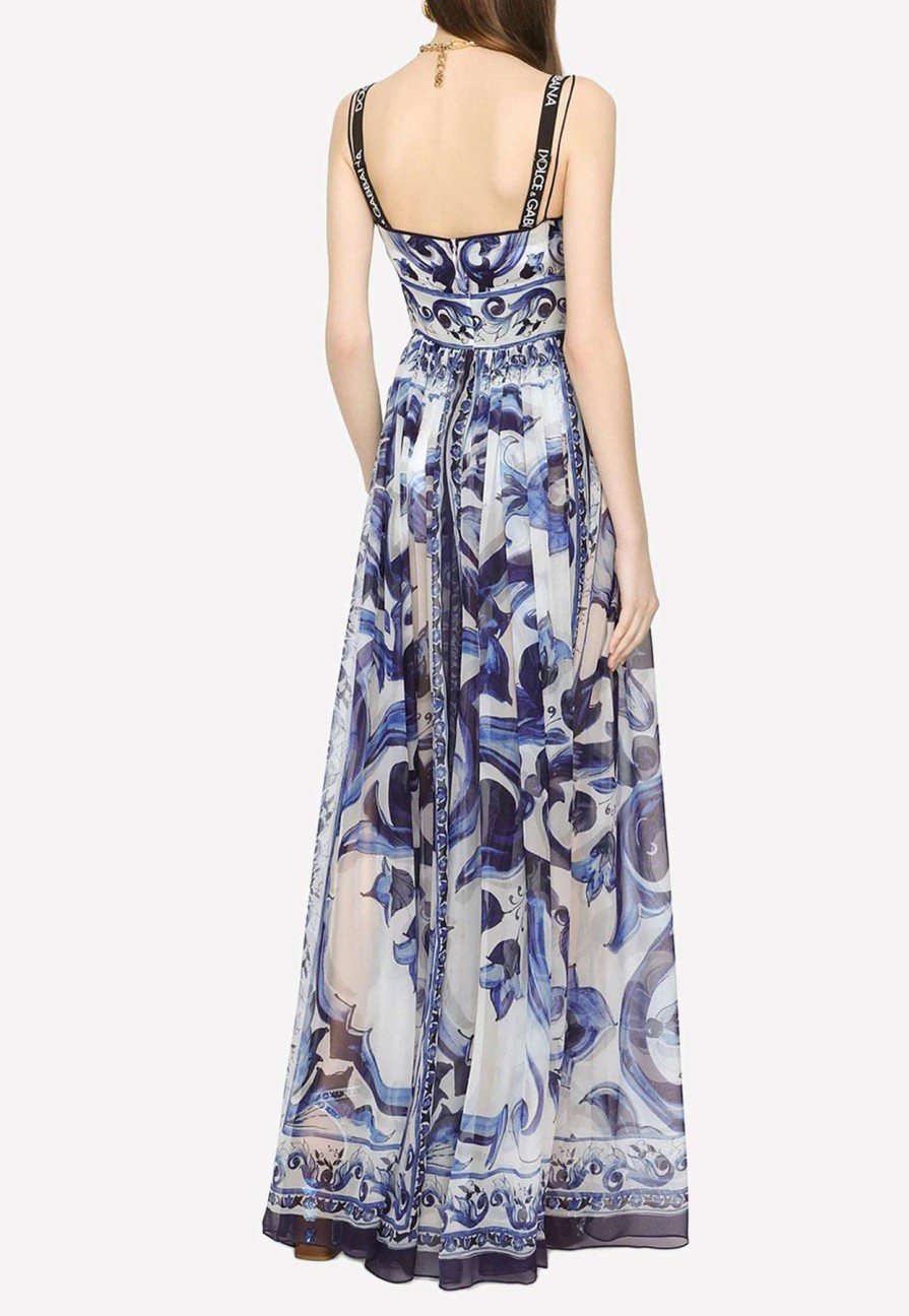 Evening * | Dolce & Gabbana Majolica Print Chiffon Maxi Dress Blue