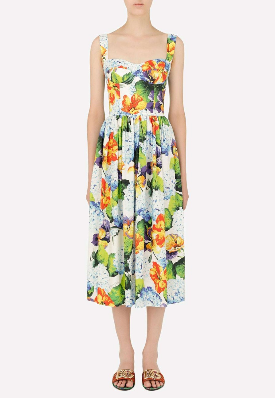 Dresses * | Dolce & Gabbana Hydrangea-Print Poplin Midi Dress Multicolor