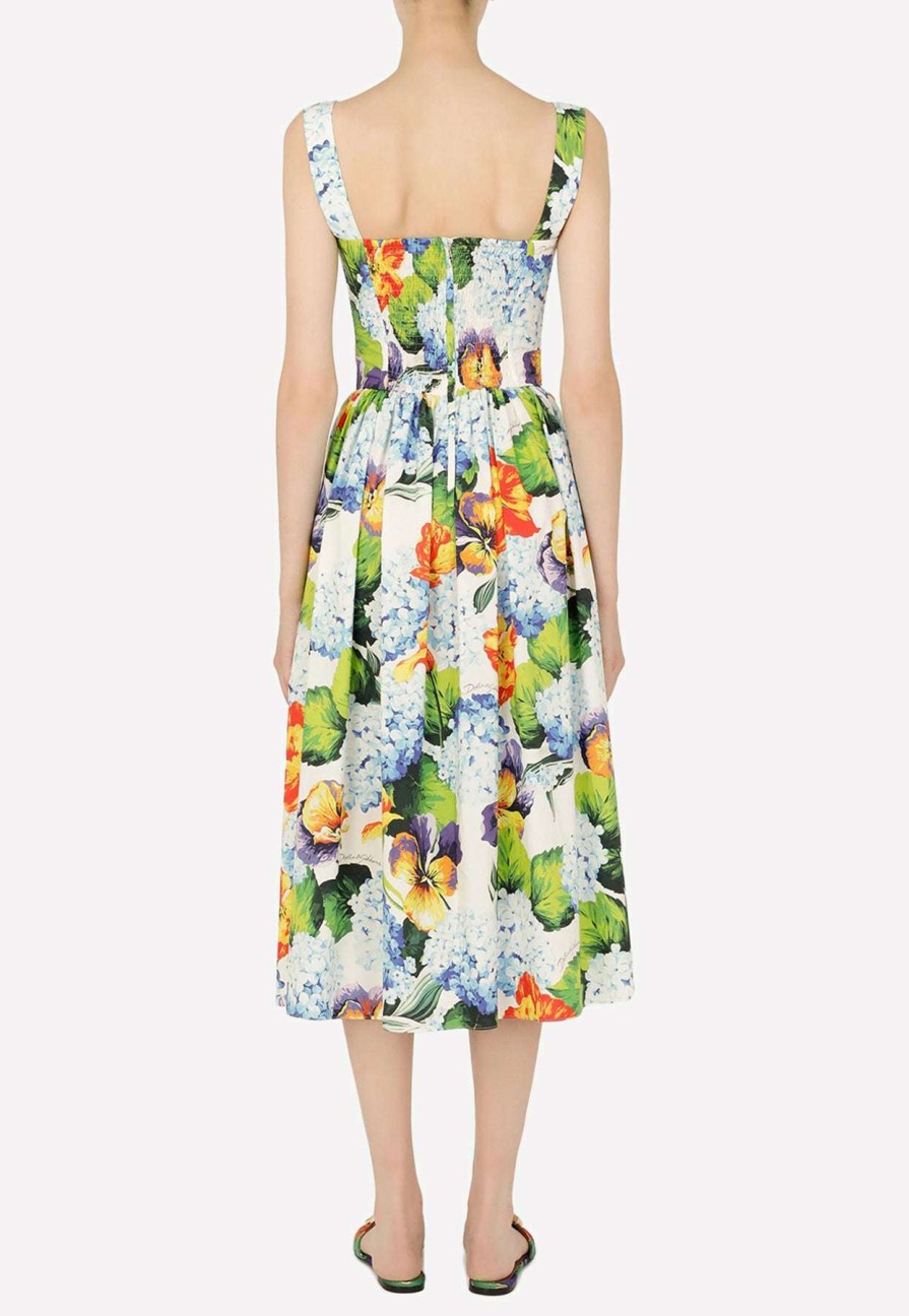 Dresses * | Dolce & Gabbana Hydrangea-Print Poplin Midi Dress Multicolor