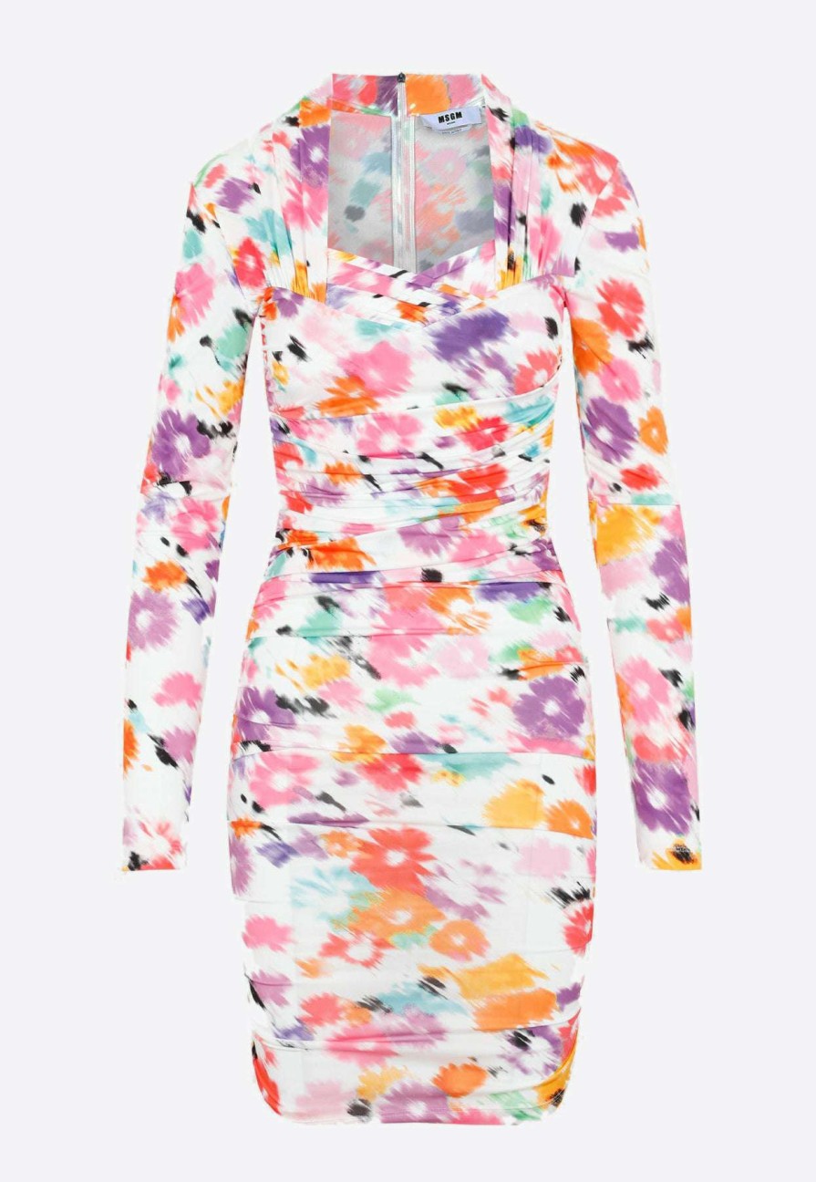 Evening * | Msgm Floral Print Ruched Mini Dress Multicolor