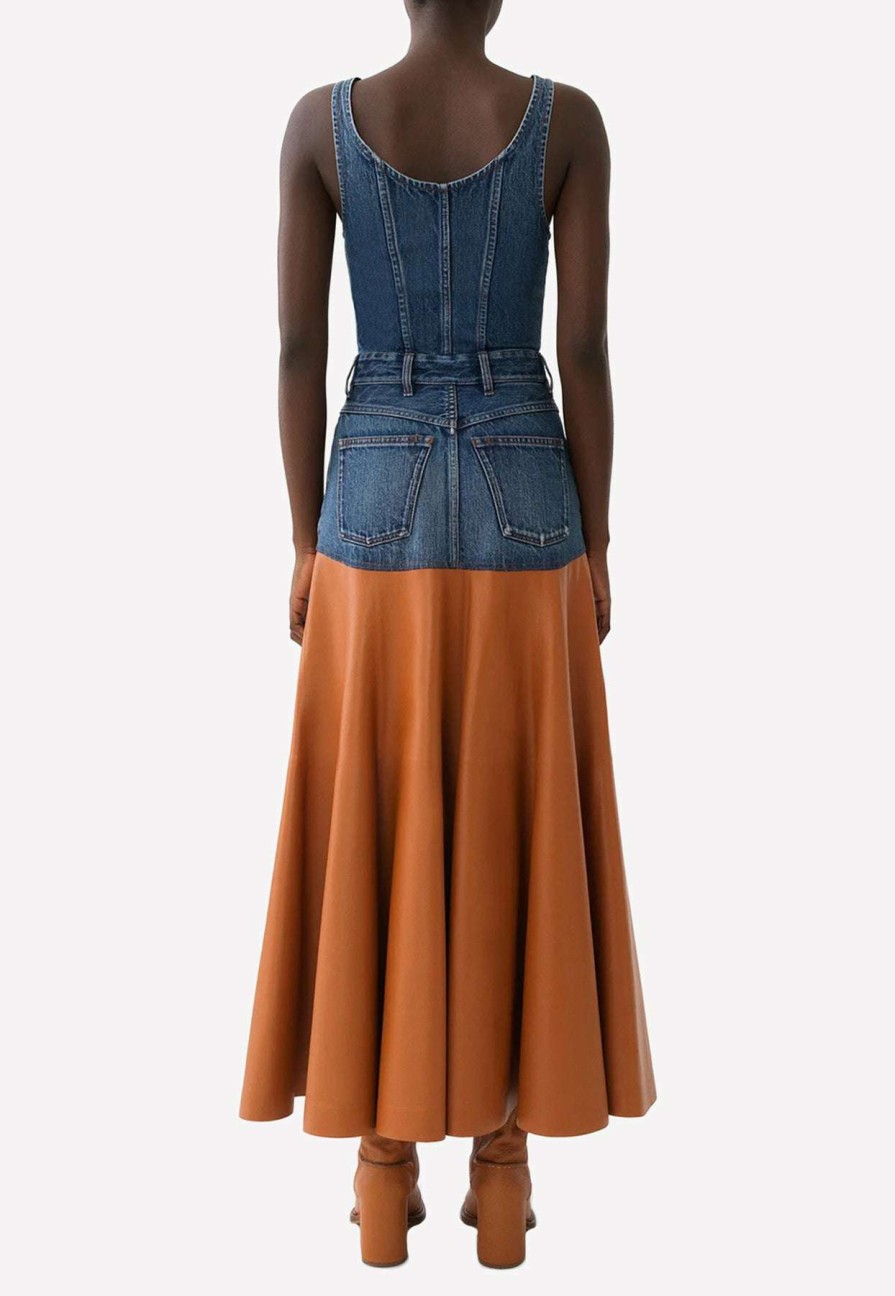 Dresses * | Chloe Sleeveless Flared Maxi Dress In Denim And Leather Blue