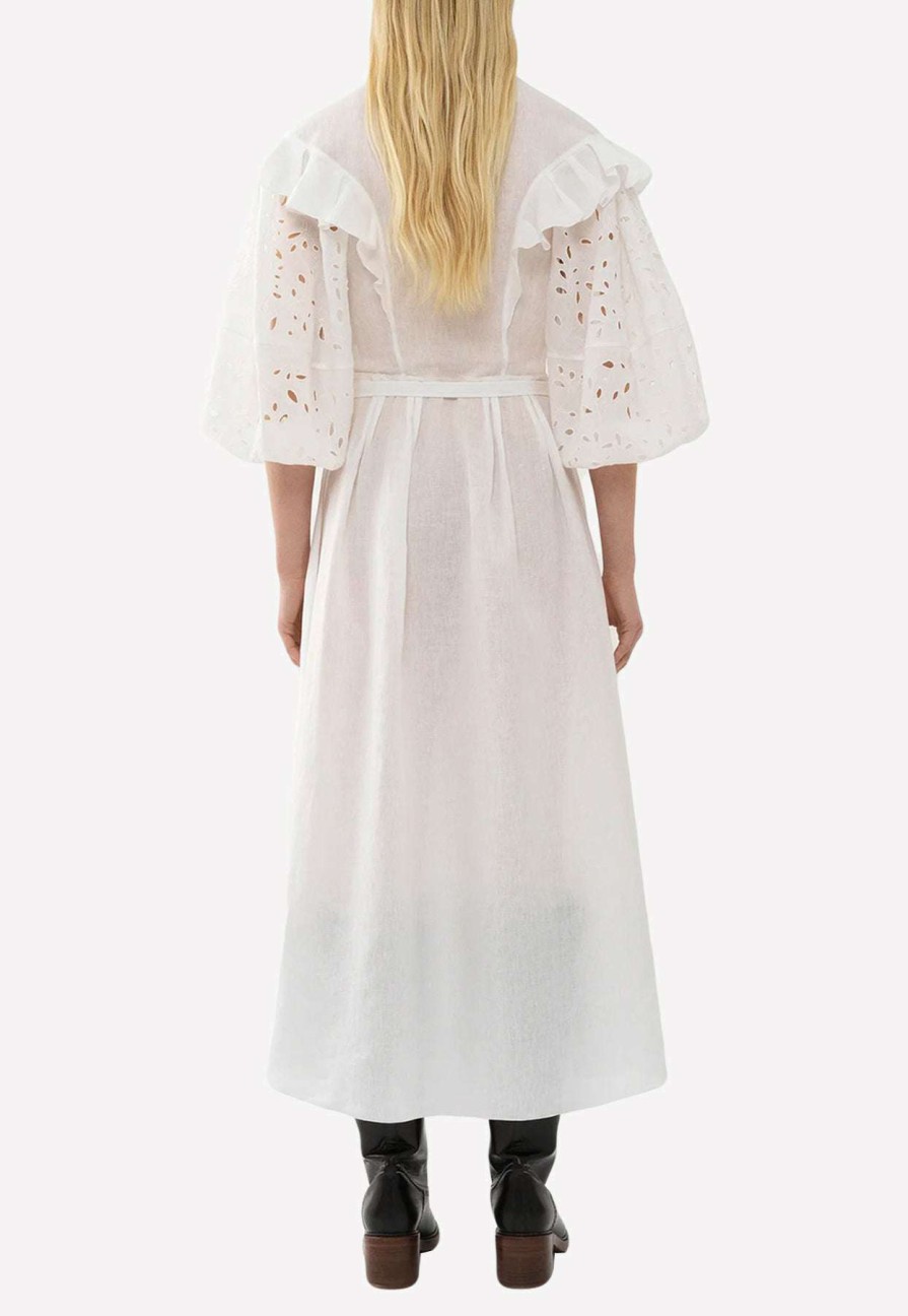 Dresses * | Chloe Balloon-Sleeved Ruffed Yoke Midi Dress White