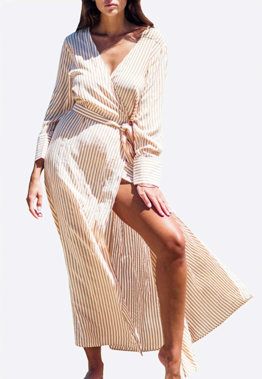 Dresses * | Les Canebiers New Tamaris Striped Summer Dress In Cotton Blend Yellow