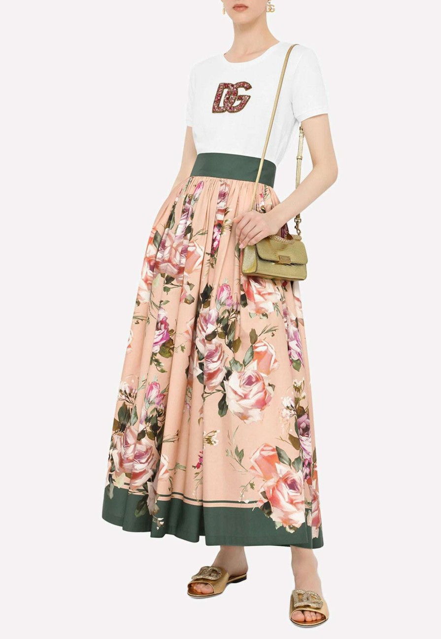 Skirts * | Dolce & Gabbana High-Rise Floral Midi Skirt Pink