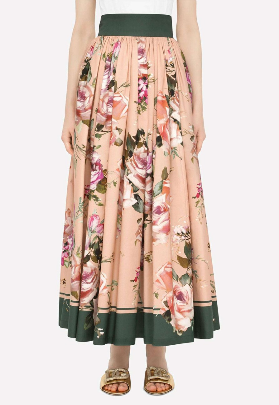 Skirts * | Dolce & Gabbana High-Rise Floral Midi Skirt Pink