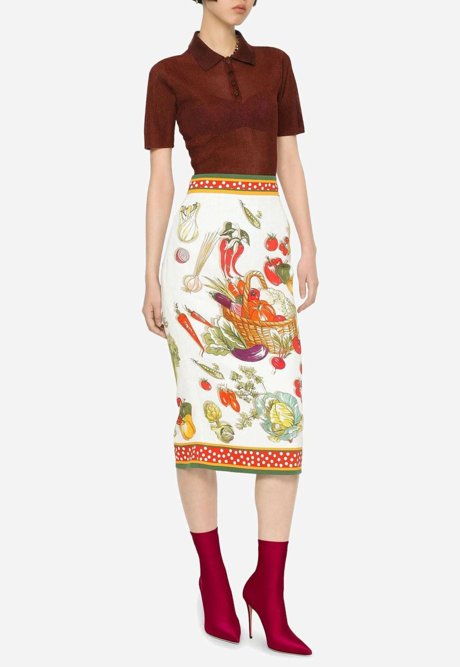 Skirts * | Dolce & Gabbana Vegetable Print Silk Pencil Skirt Multicolor