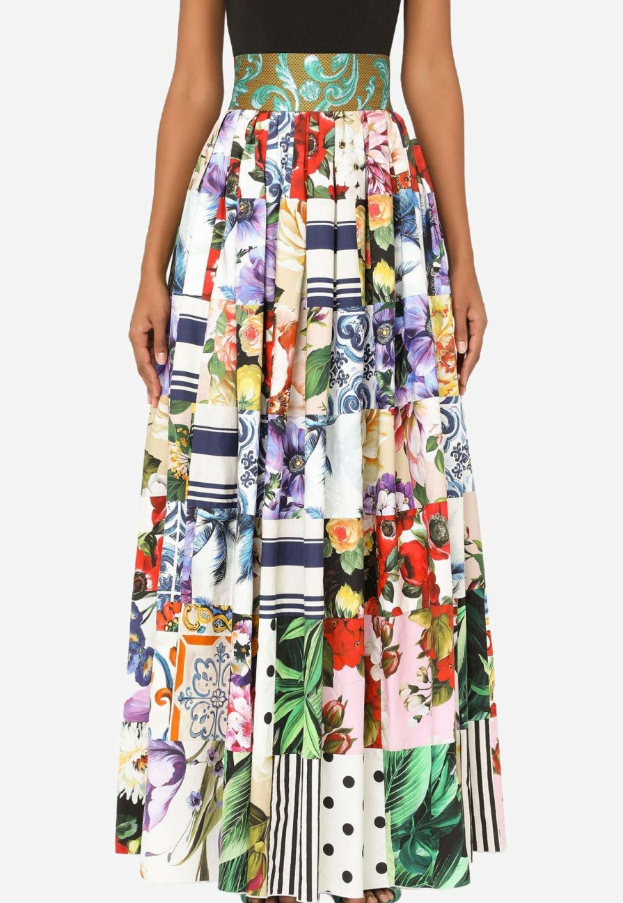 Skirts * | Dolce & Gabbana Patchwork Pleated Cotton Maxi Skirt Multicolor