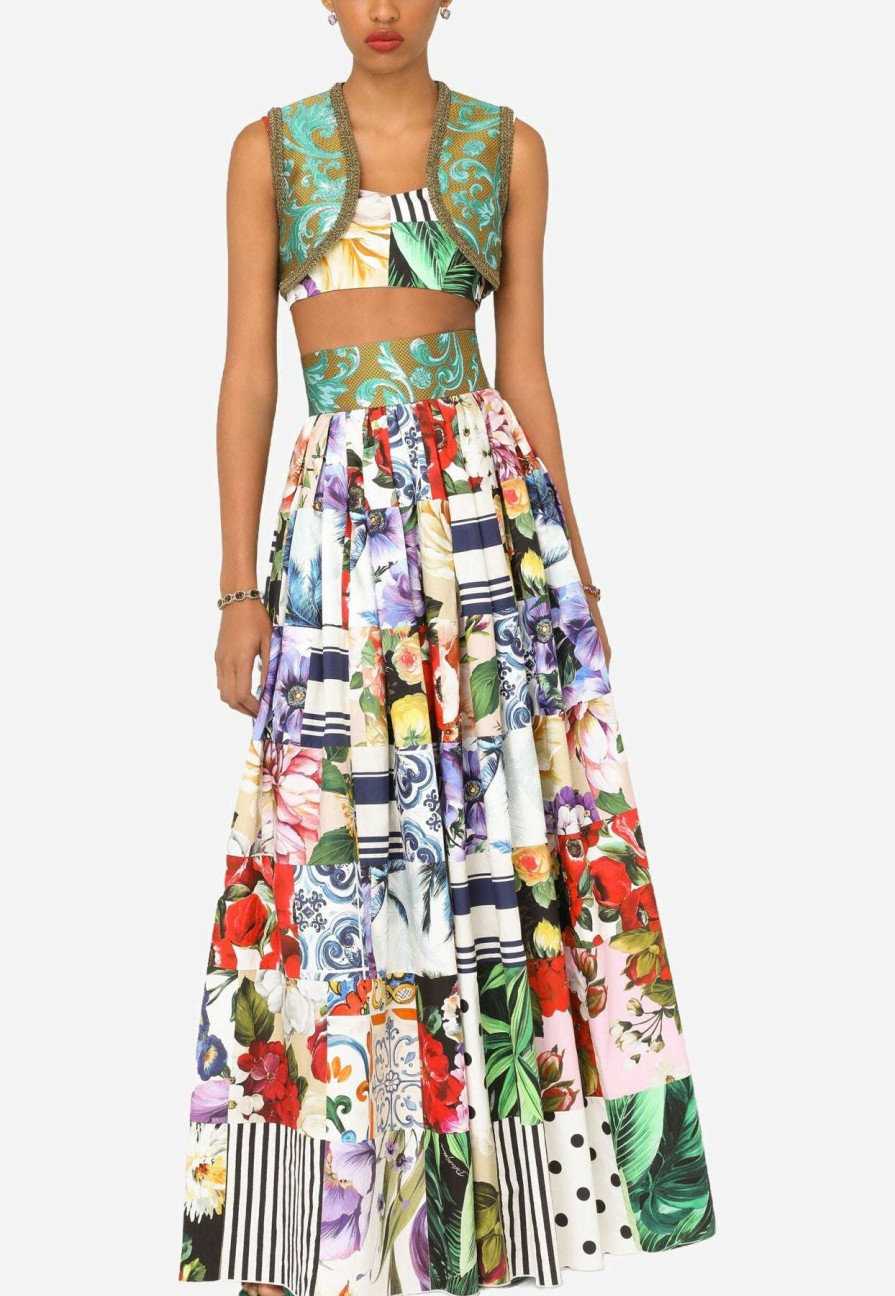 Skirts * | Dolce & Gabbana Patchwork Pleated Cotton Maxi Skirt Multicolor