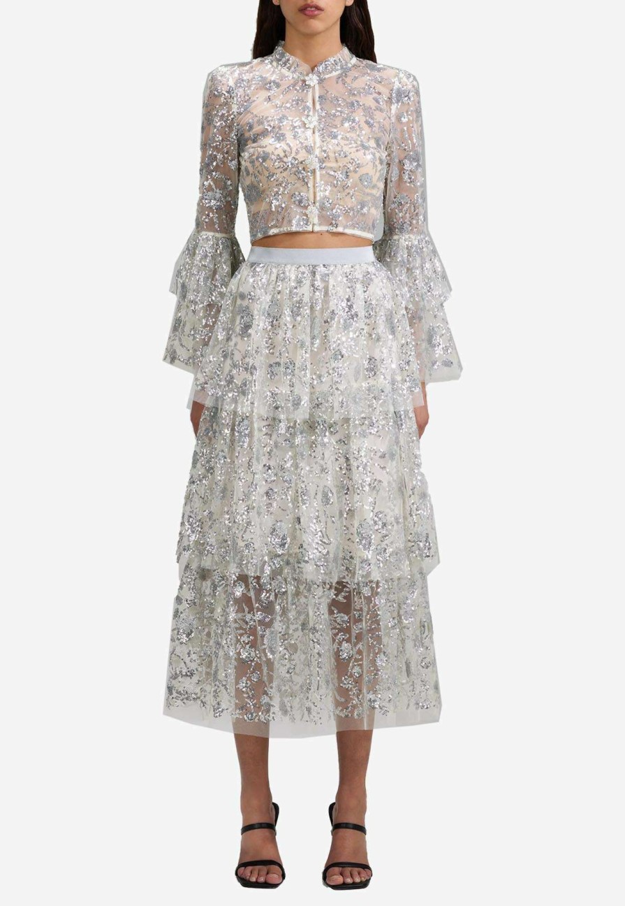 Skirts * | Self-Portrait Sequined Tiered Midi Skirt White