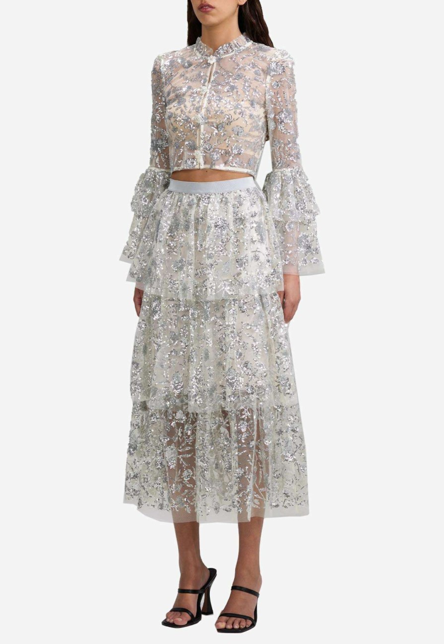 Skirts * | Self-Portrait Sequined Tiered Midi Skirt White