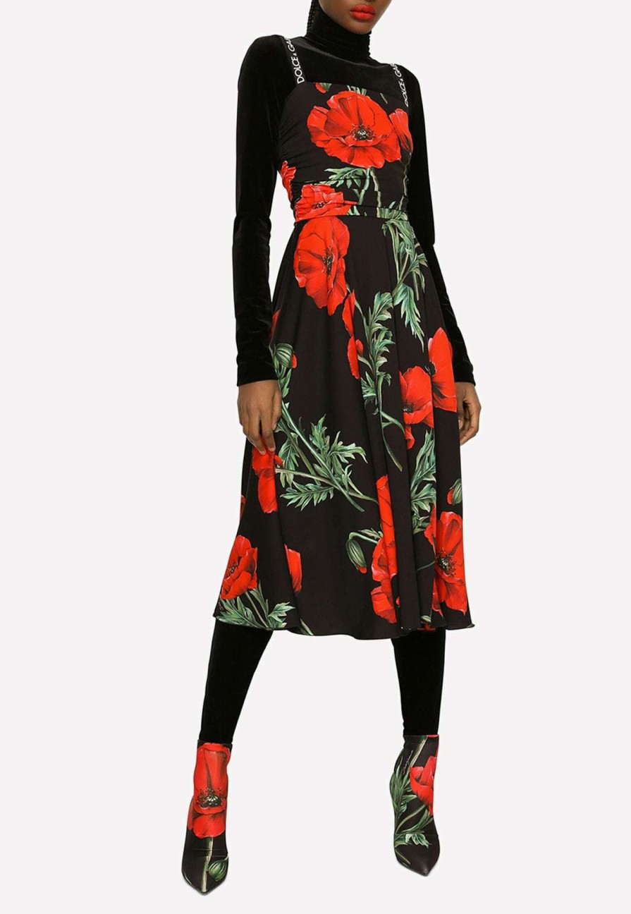 Dresses * | Dolce & Gabbana Poppy Print Silk Charmeuse Sleeveless Midi Dress Black