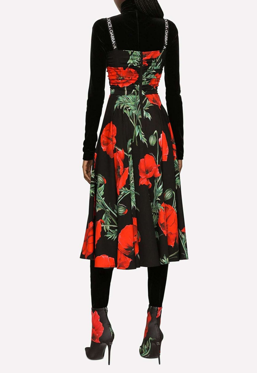 Dresses * | Dolce & Gabbana Poppy Print Silk Charmeuse Sleeveless Midi Dress Black