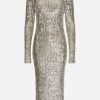 Dresses * | Dolce & Gabbana Long-Sleeved Sequined Midi Dress Silver