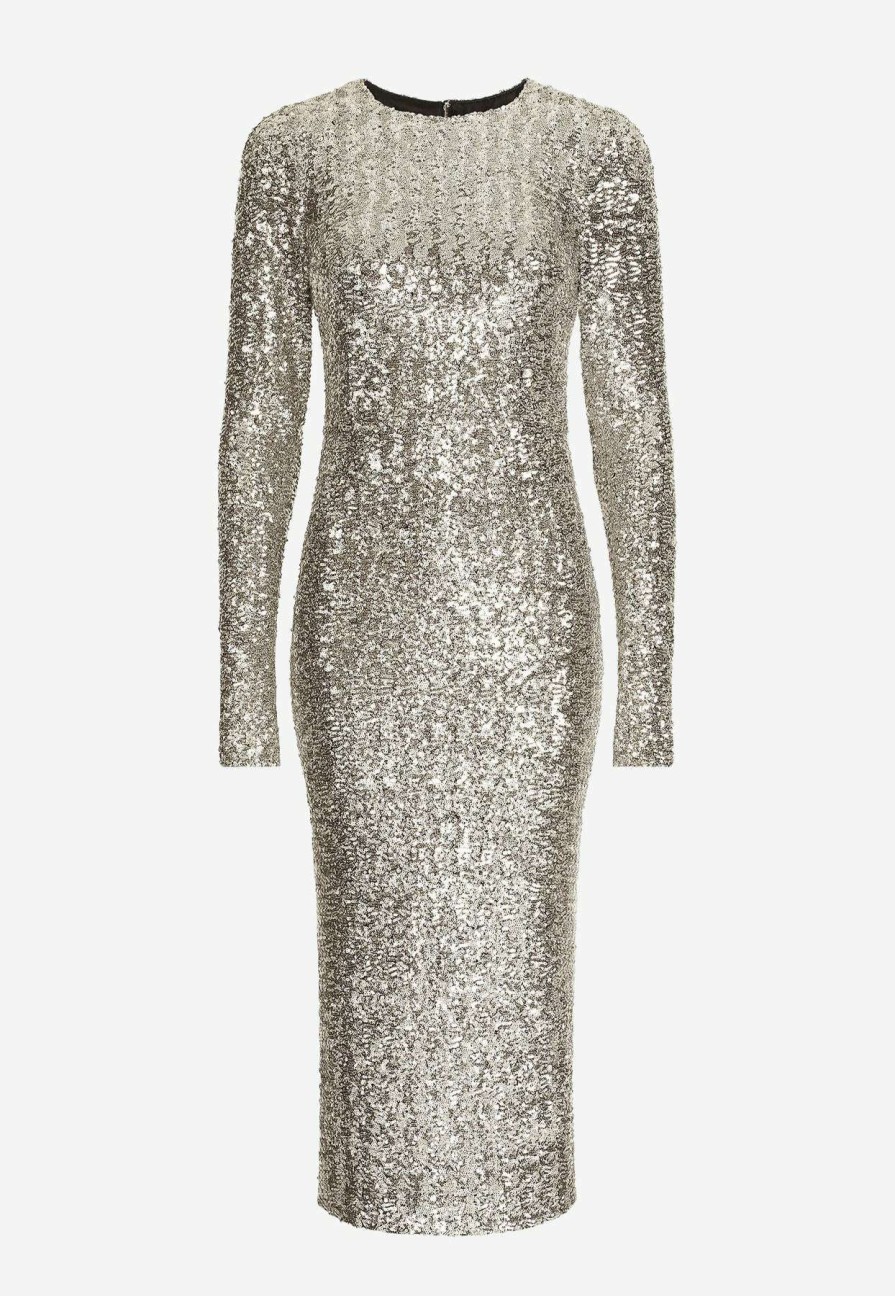 Dresses * | Dolce & Gabbana Long-Sleeved Sequined Midi Dress Silver