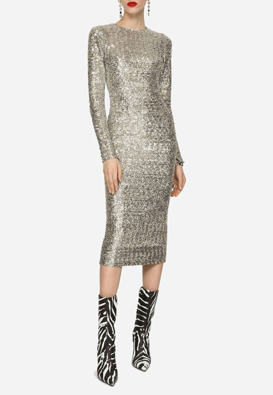 Dresses * | Dolce & Gabbana Long-Sleeved Sequined Midi Dress Silver