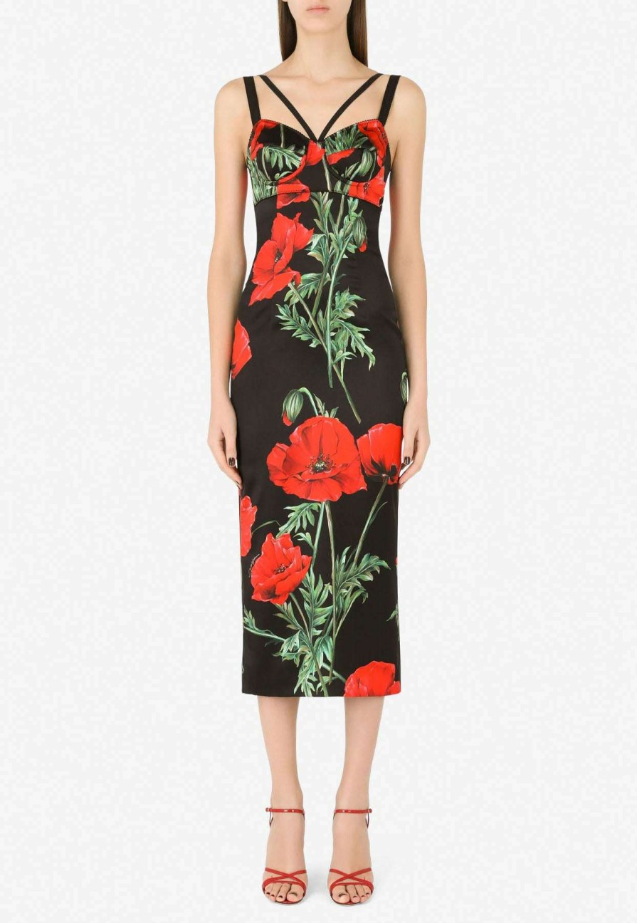 Evening * | Dolce & Gabbana Floral Print Corset Midi Dress In Satin Red