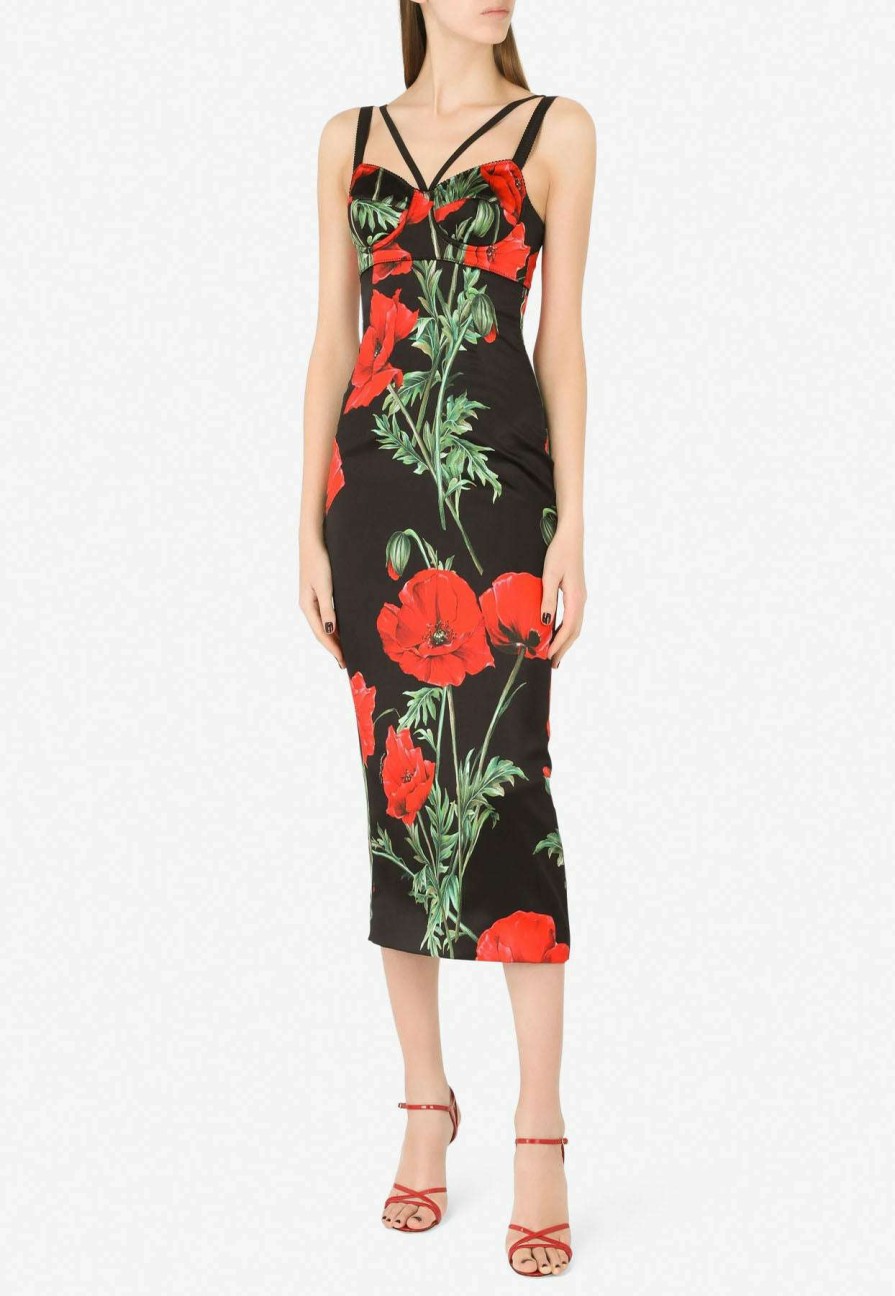 Evening * | Dolce & Gabbana Floral Print Corset Midi Dress In Satin Red