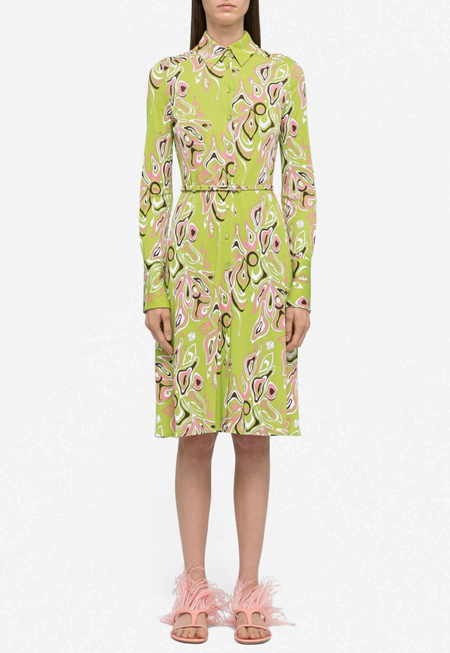 Dresses * | Emilio Pucci Africana Print Belted Shirt Dress Green