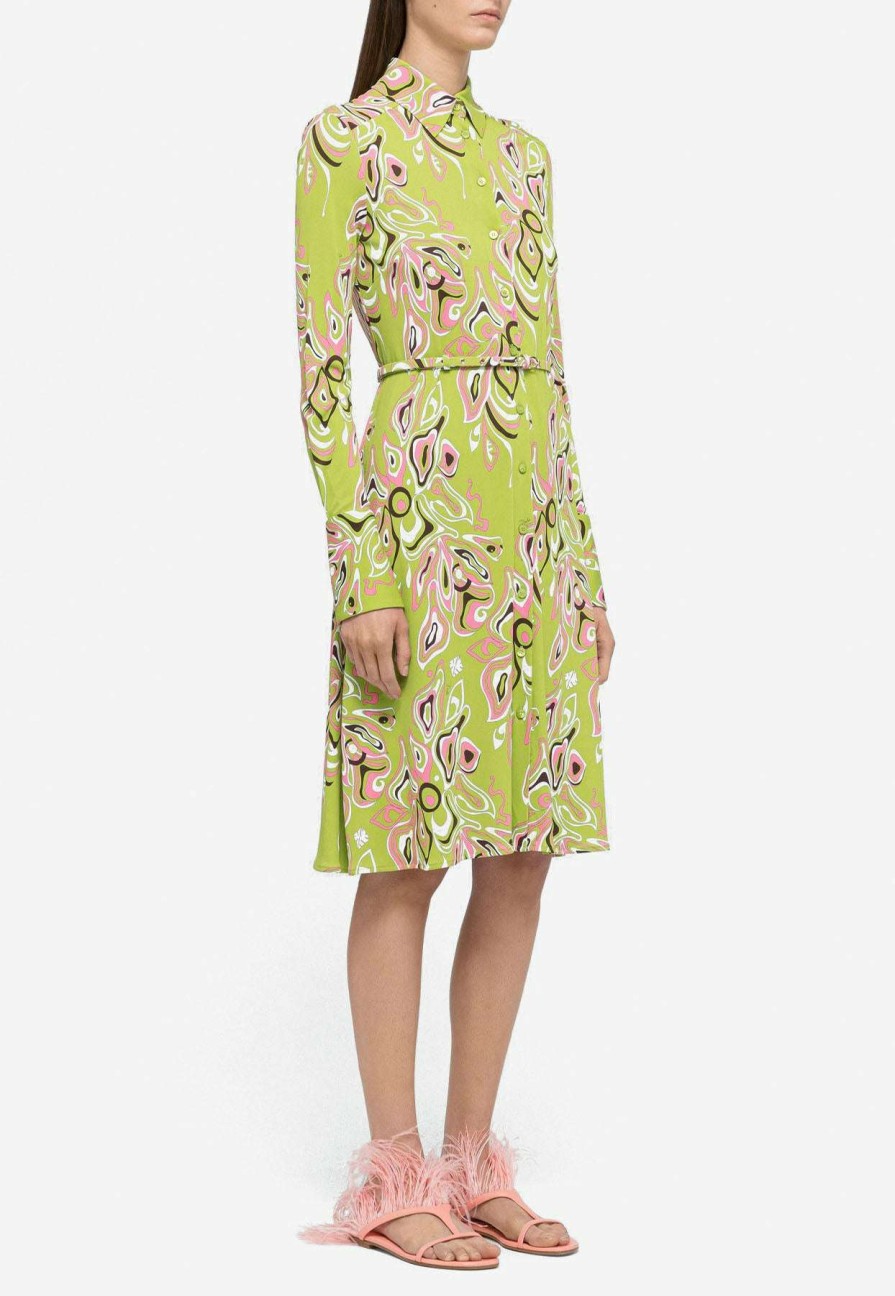 Dresses * | Emilio Pucci Africana Print Belted Shirt Dress Green