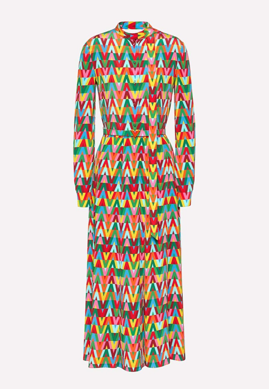 Dresses * | Valentino V Optical Archive 1963 Crepe De Chine Midi Dress Multicolor