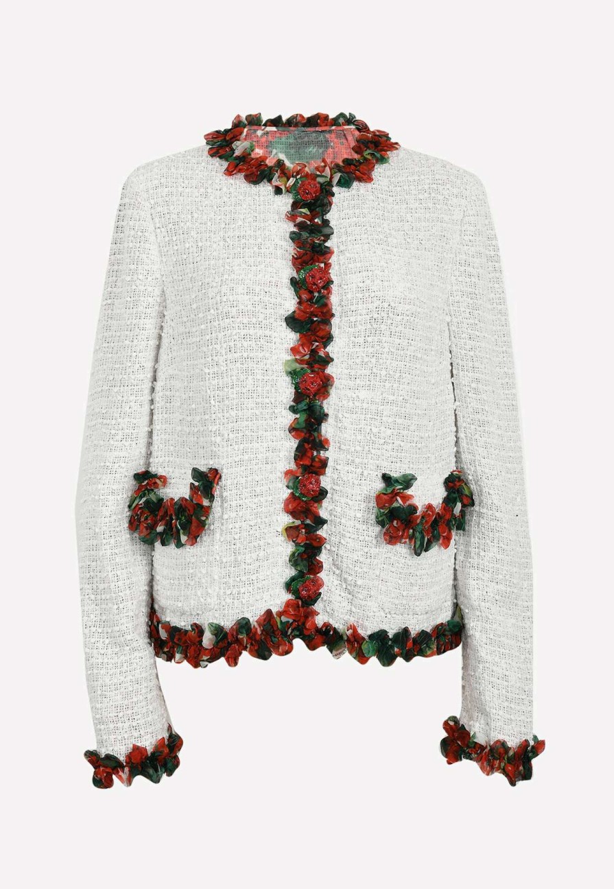 Evening * | Dolce & Gabbana Flowers Trim Tweed Jacket White