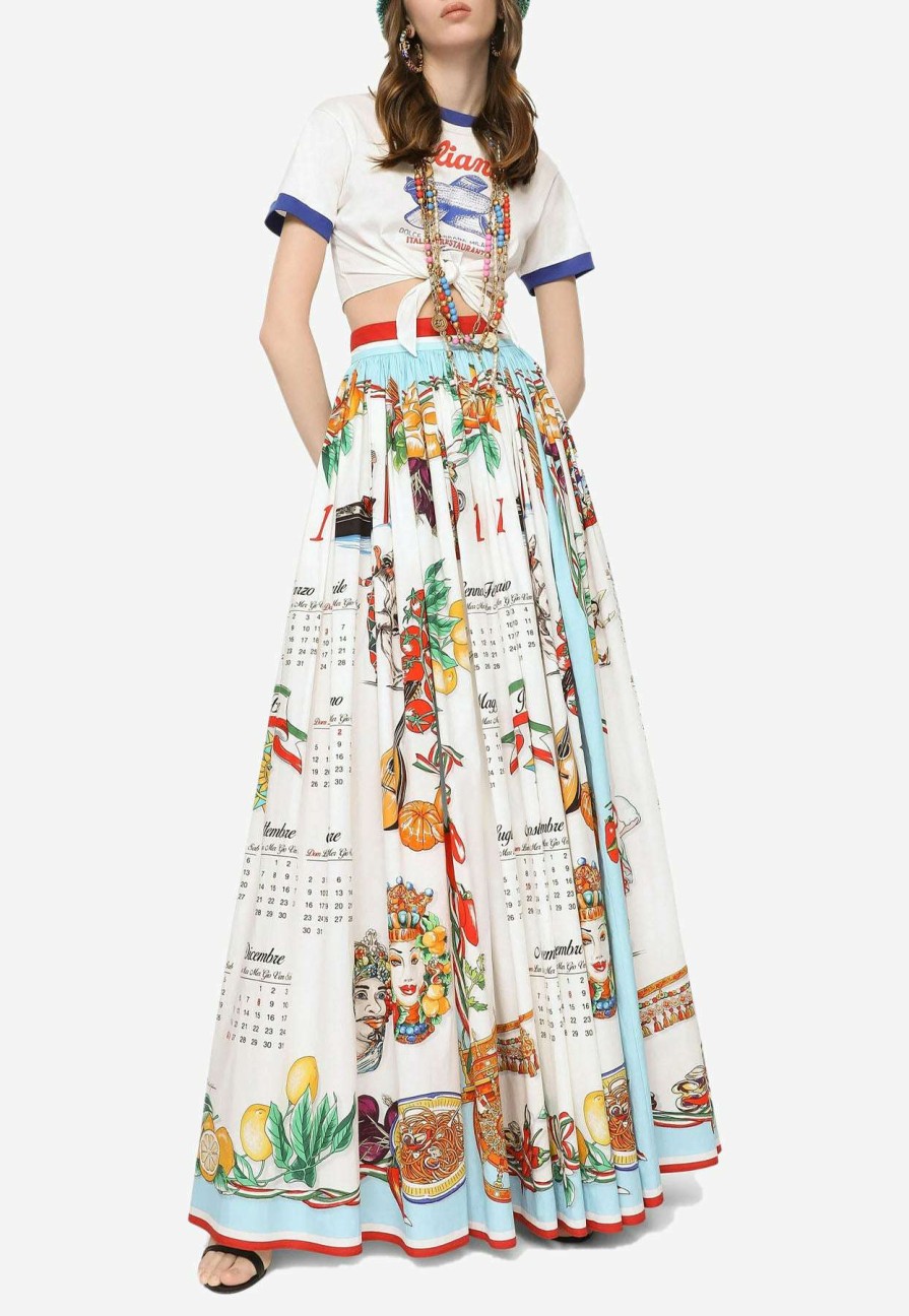 Skirts * | Dolce & Gabbana Calendar Print Pleated Maxi Skirt Multicolor