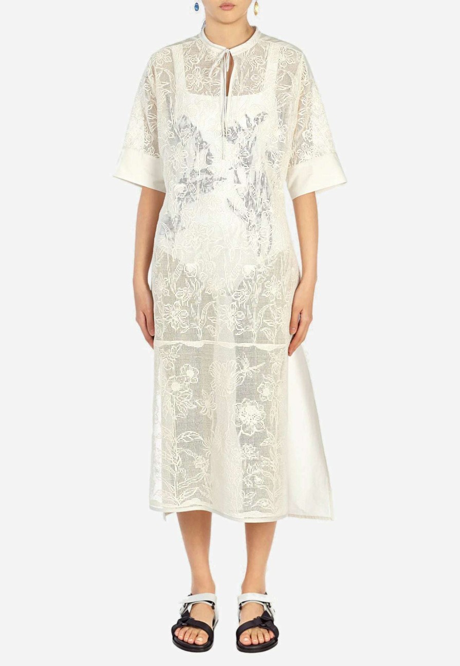 Dresses * | Salvatore Ferragamo Cordonetto Lace Midi Dress White