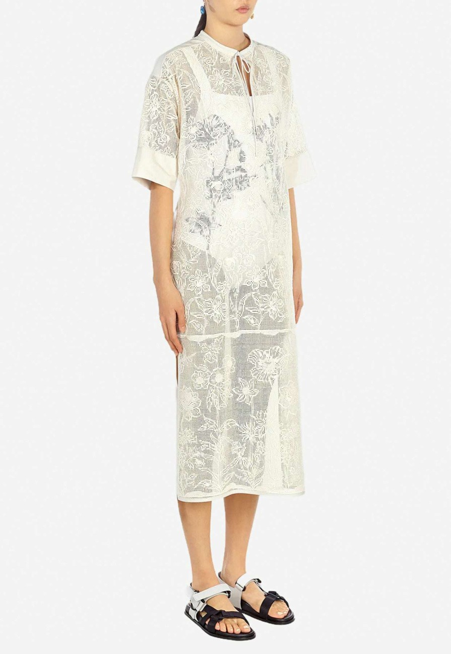 Dresses * | Salvatore Ferragamo Cordonetto Lace Midi Dress White