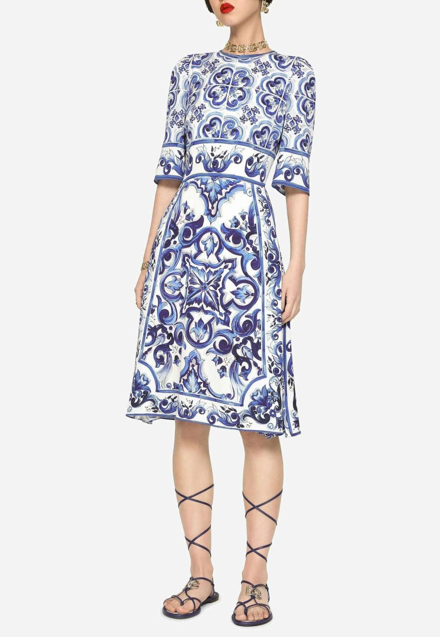 Dresses * | Dolce & Gabbana Majolica Print Charmeuse Tailored Dress Blue