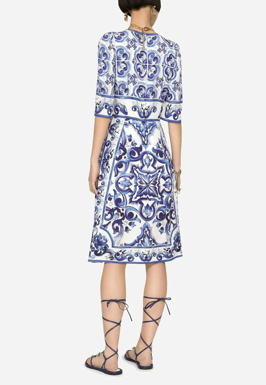 Dresses * | Dolce & Gabbana Majolica Print Charmeuse Tailored Dress Blue