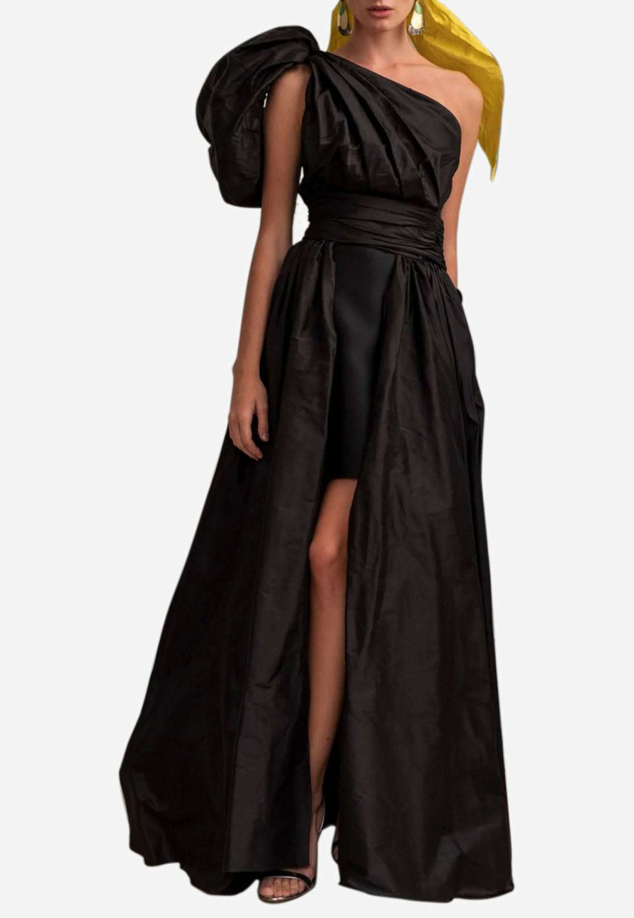 Evening * | Leal Daccarett Isla Negra One-Shoulder Gown Black