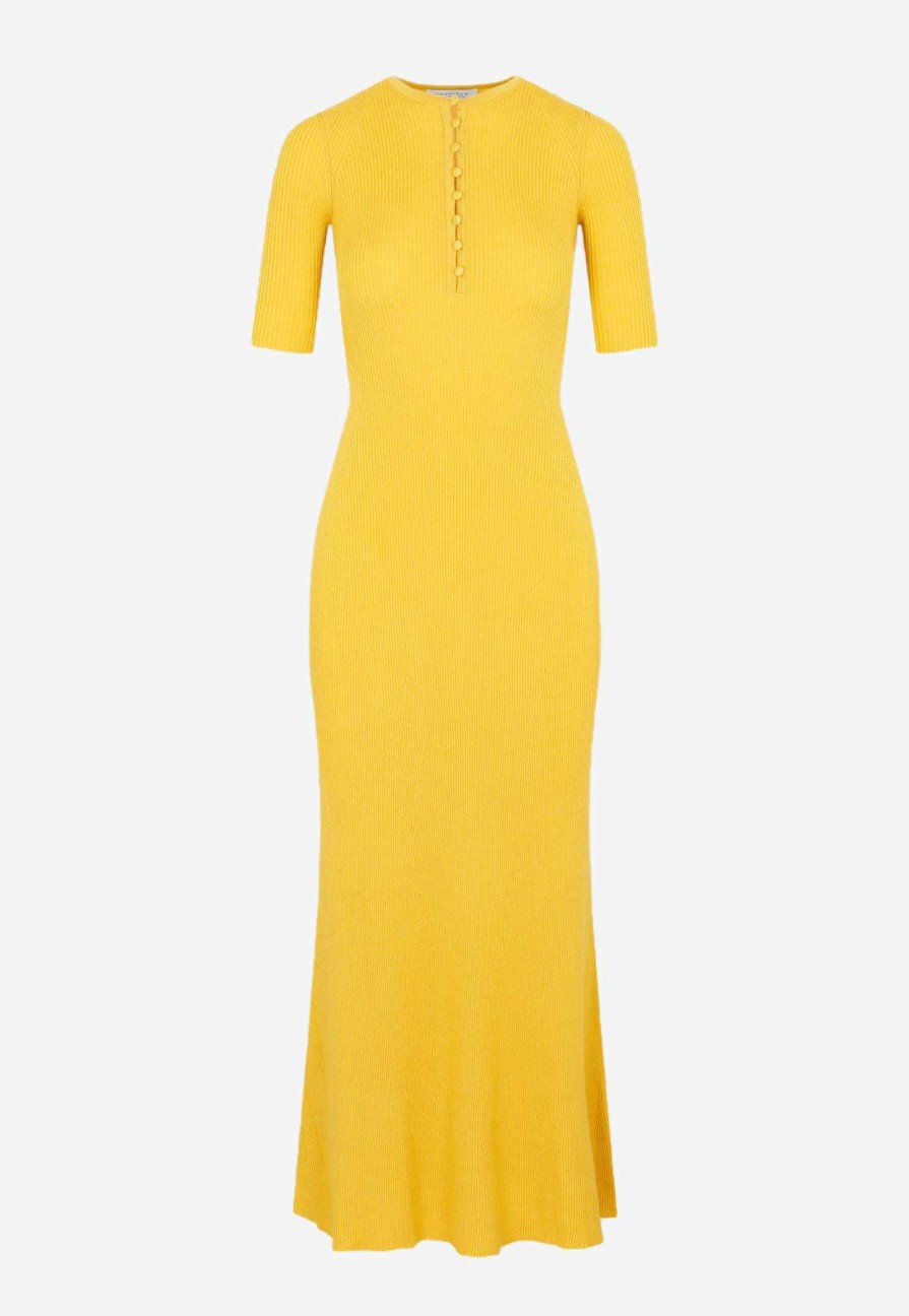 Dresses * | Gabriela Hearst Johanna Henley Short-Sleeved Ruffled Maxi Dress Yellow