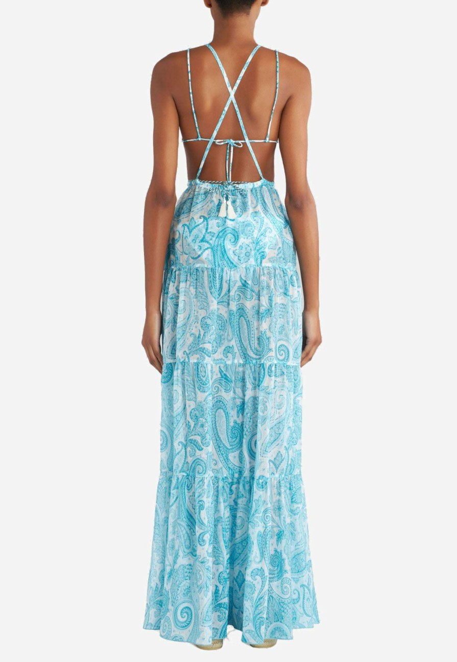 Dresses * | Etro Liquid Paisley Maxi Dress Light Blue