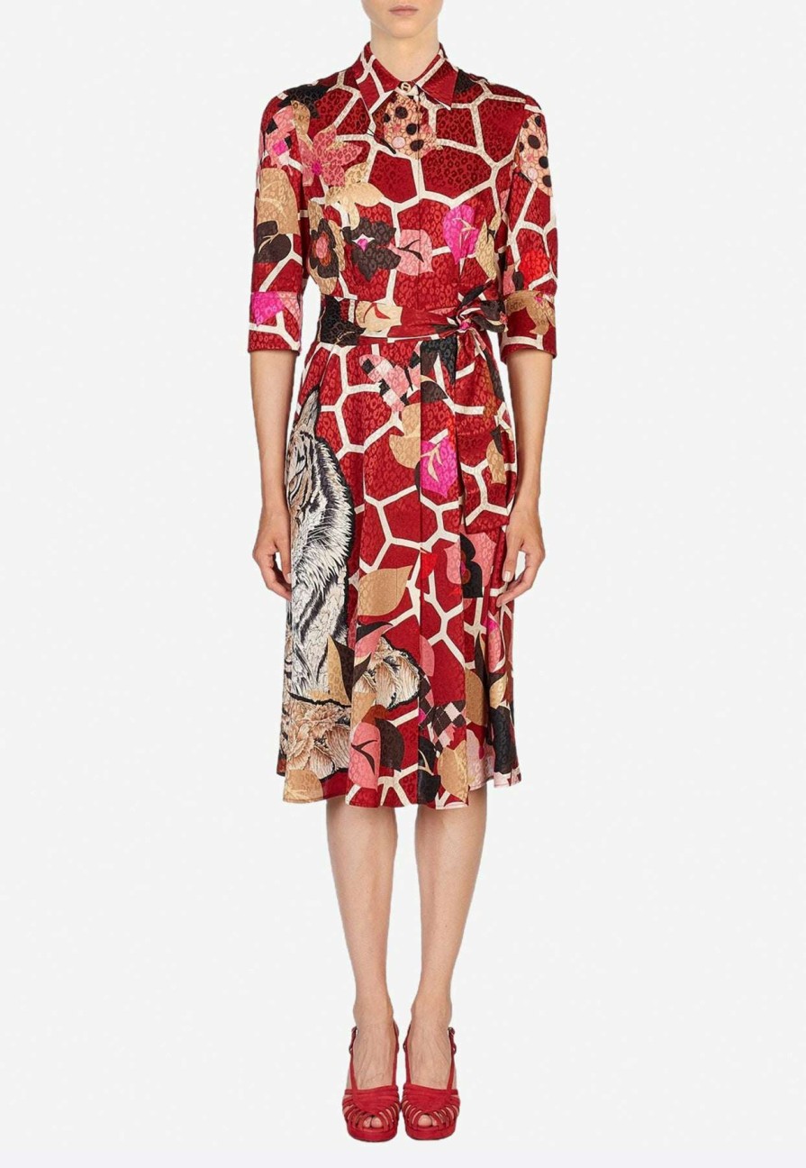 Evening * | Salvatore Ferragamo Printed Jacquard Shirt Dress Red