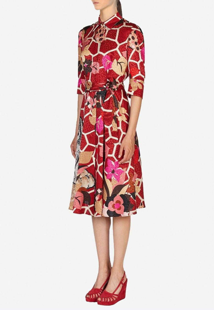 Evening * | Salvatore Ferragamo Printed Jacquard Shirt Dress Red