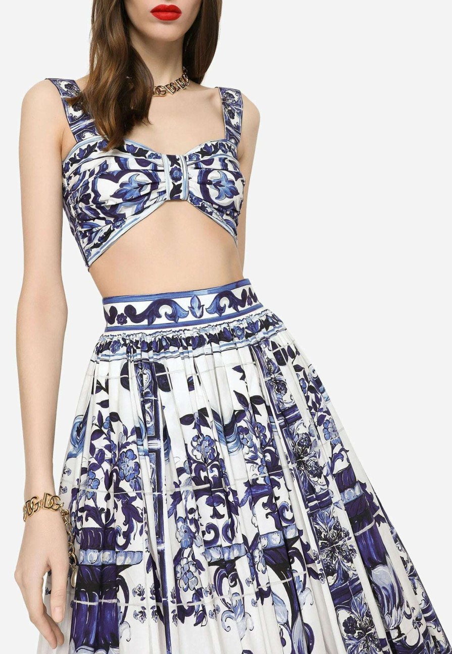 Evening * | Dolce & Gabbana Majolica Print Bustier Cropped Top Blue