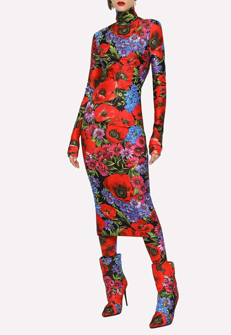 Dresses * | Dolce & Gabbana Meadow Print High-Neck Midi Dress Multicolor