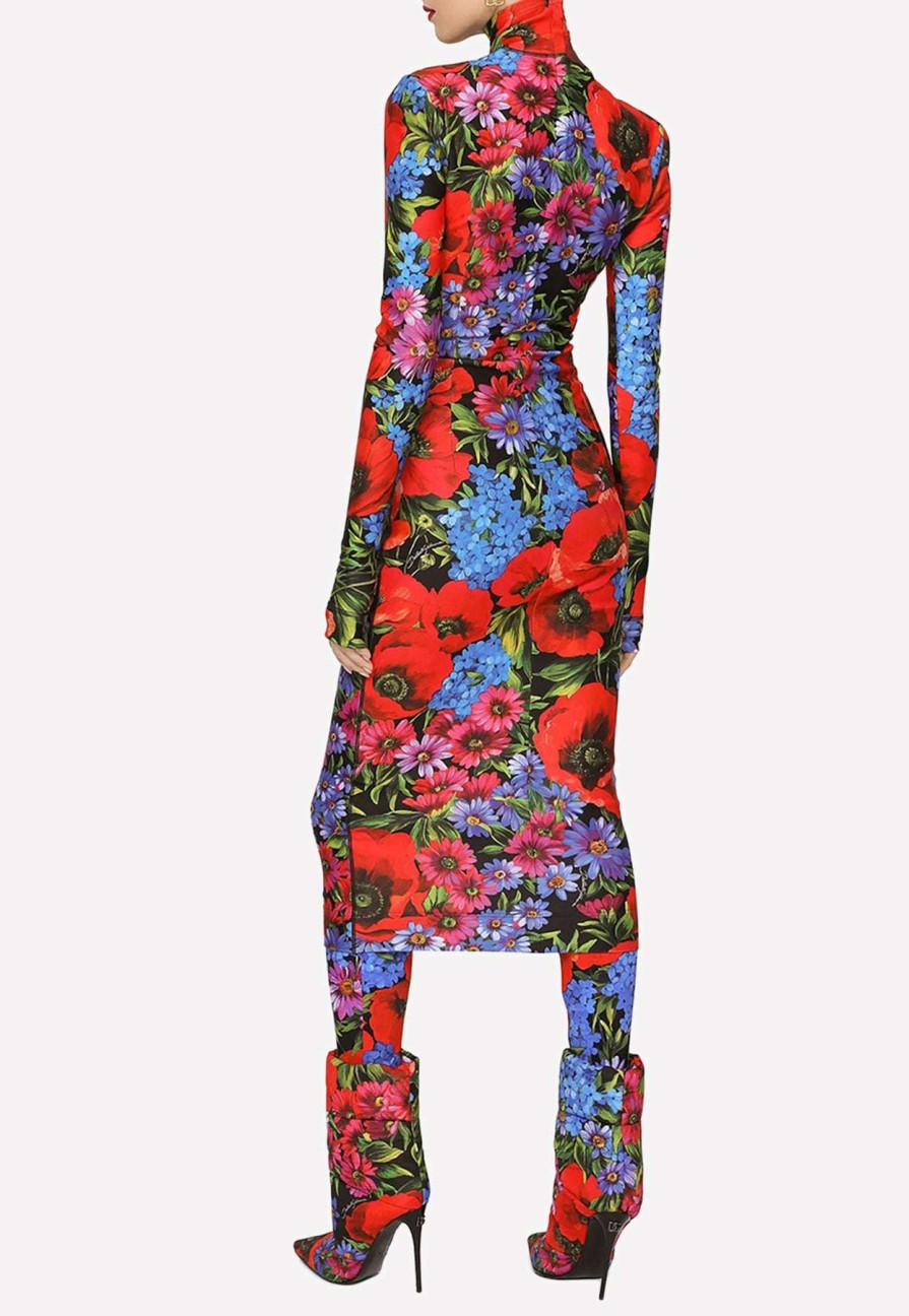 Dresses * | Dolce & Gabbana Meadow Print High-Neck Midi Dress Multicolor