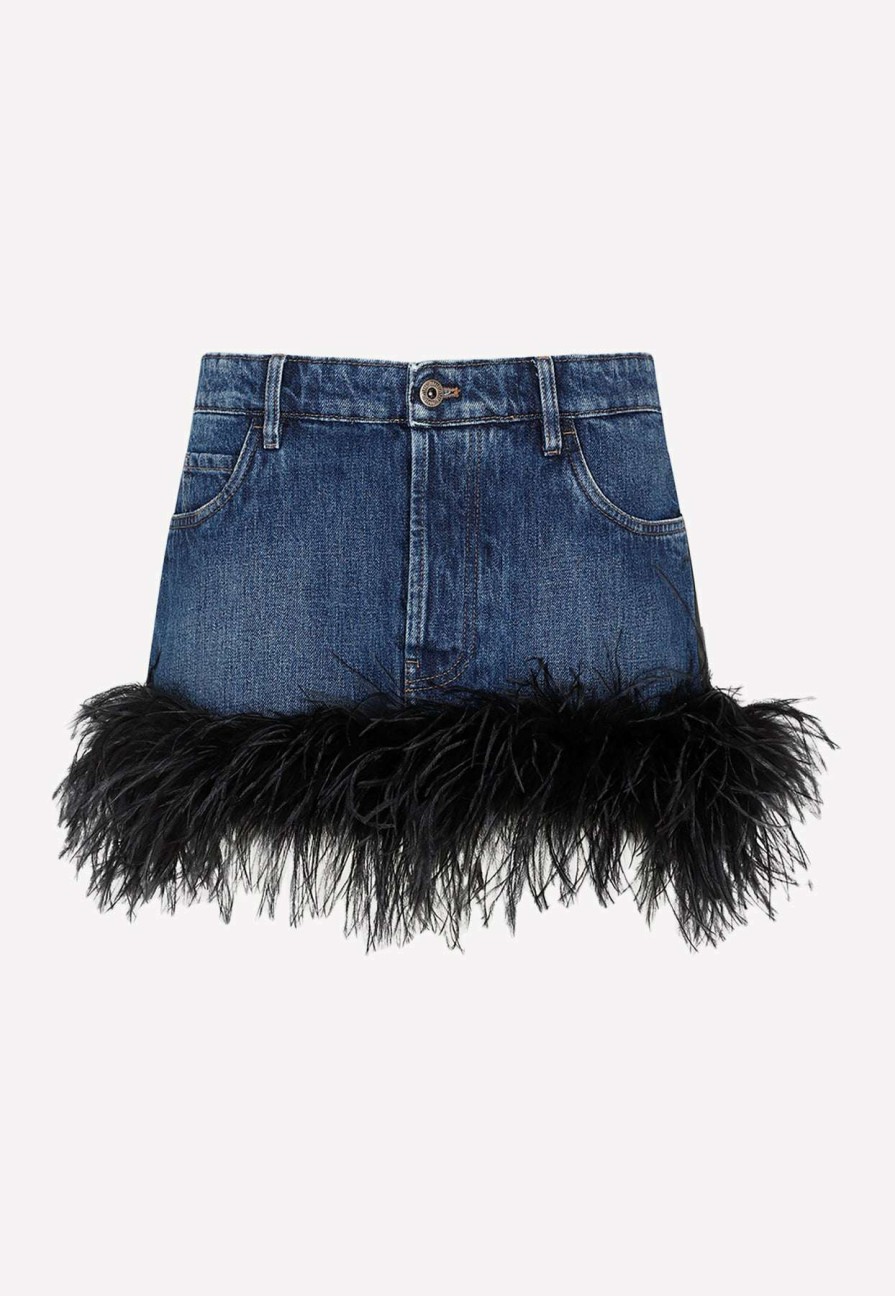 Skirts * | Miu Miu Feather-Trimmed Mini Skirt Blue