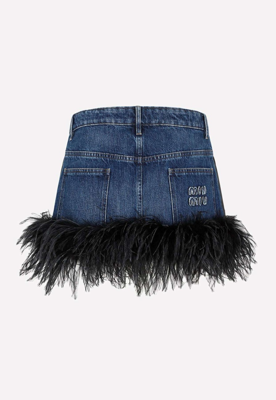 Skirts * | Miu Miu Feather-Trimmed Mini Skirt Blue