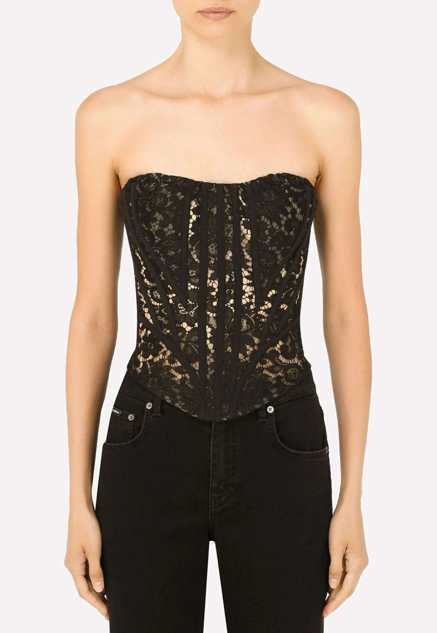 Evening * | Dolce & Gabbana Lace Detail Bustier Cropped Top Black