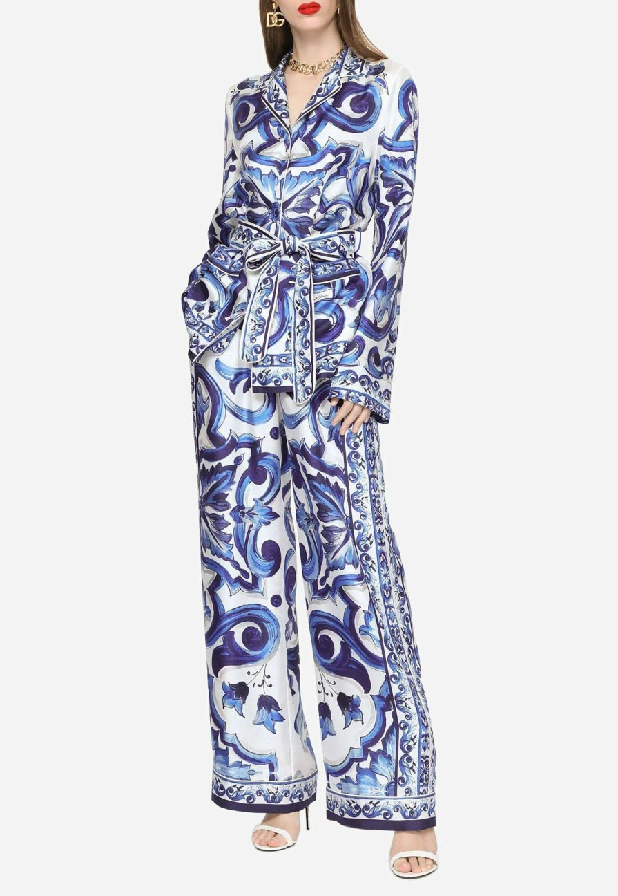 Evening * | Dolce & Gabbana Majolica Print Twill Pants Blue